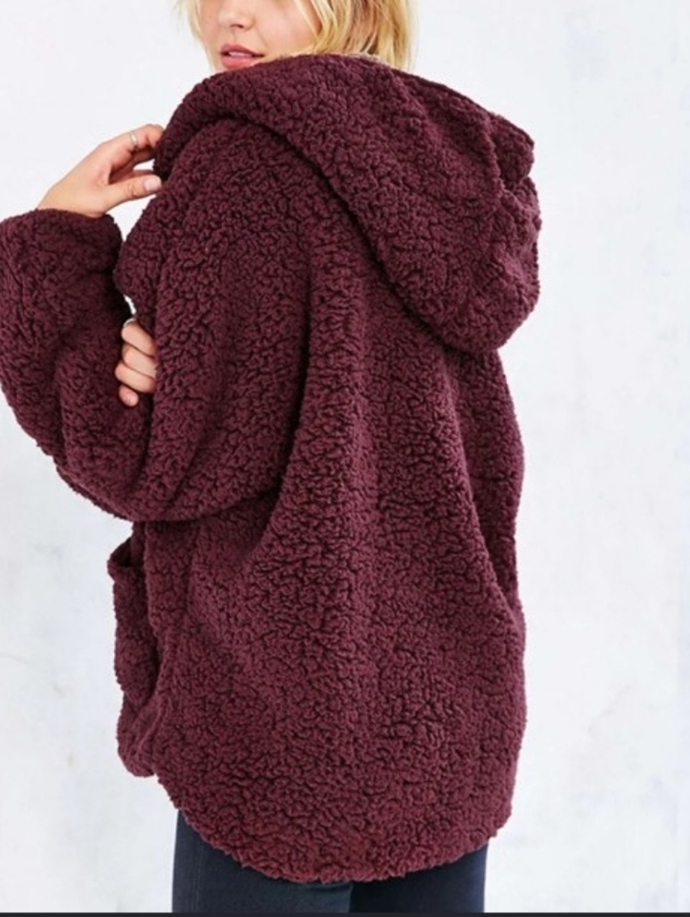 Boho Oversized Plush Sherpa Hooded Teddy Jacket in Deep Wine Burgundy Women's